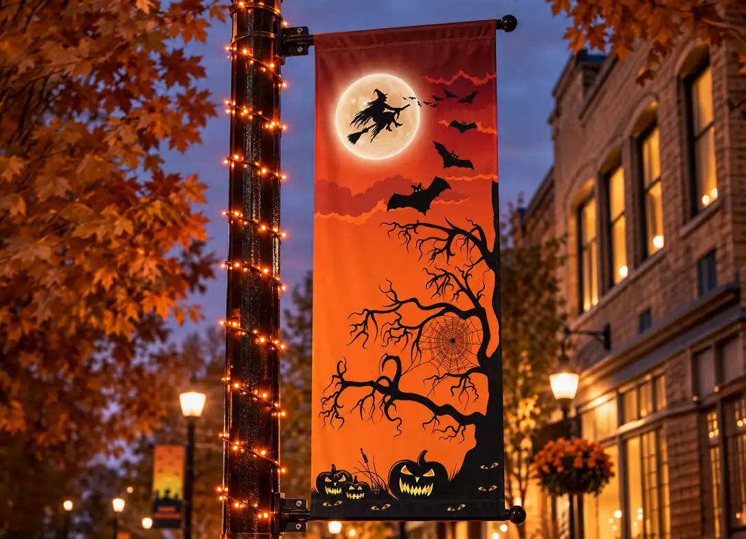 Halloween street pole banner installed on a downtown streetscape